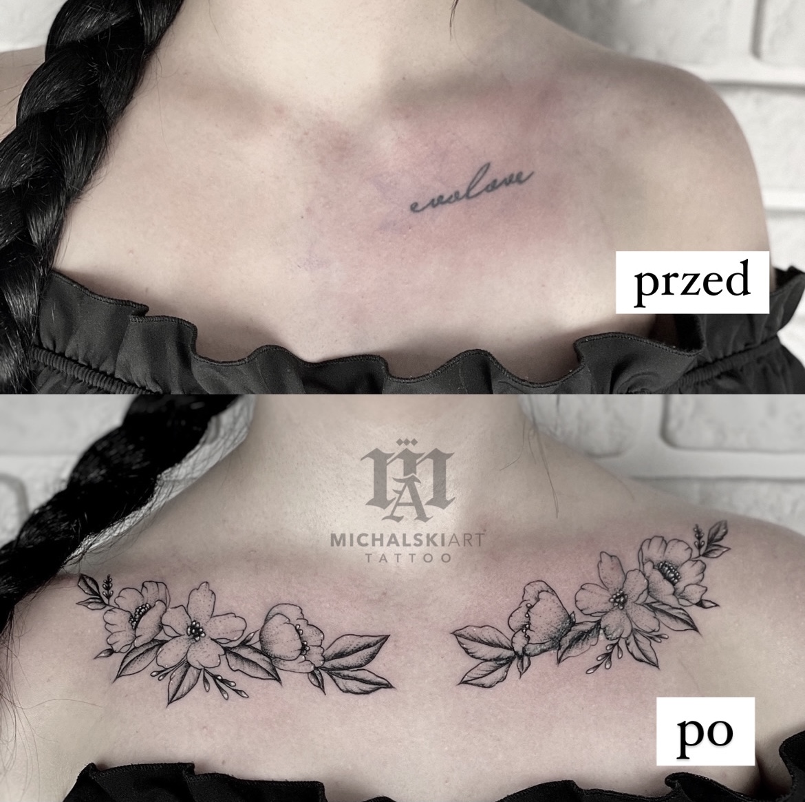 tatuaż kwiaty i liście